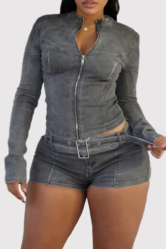 Dark Gray Casual Solid Color Patchwork With Belt Zipper Zipper Collar Long Sleeve Two Pieces