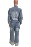 Blue Casual Solid Color Pocket Buckle Patchwork With Belt Turndown Collar Long Sleeve Regular Denim Jumpsuits