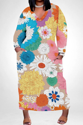 Light Khaki Casual Daily Floral Print Pocket Contrast V Neck Printed Plus Size Dresses