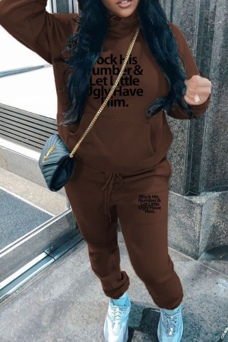 Brown Casual Letters Draw String Pocket Patchwork Hooded Long Sleeve Two Pieces