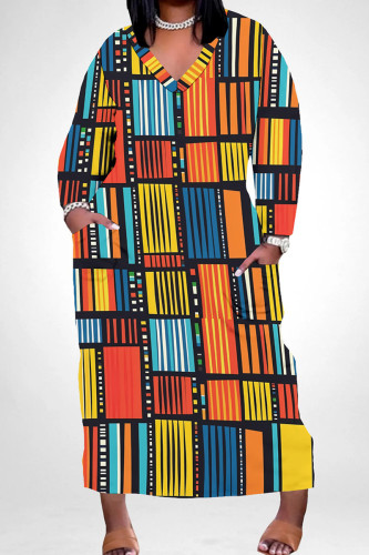 Yellow And Blue Casual Print Pocket Patchwork V Neck Long Plus Size Dresses