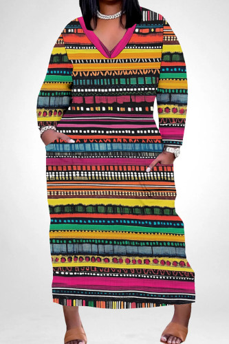 Purple Casual Print Pocket Patchwork V Neck Long Plus Size Dresses