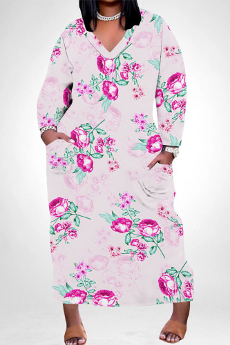 Peach Casual Daily Floral Print Pocket Contrast V Neck Printed Plus Size Dresses