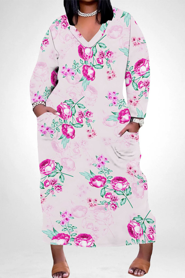 Peach Casual Daily Floral Print Pocket Contrast V Neck Printed Plus Size Dresses