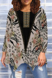 Black khaki Casual Daily Floral Print Irregular Contrast O Neck Tops