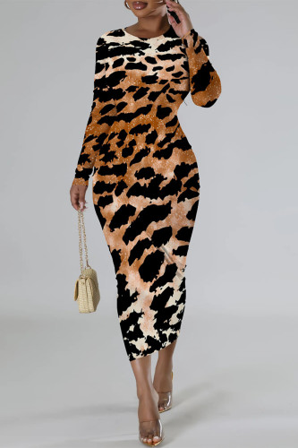 Leopard Print Casual Street Flowers Snakeskin Print Gradient Leopard Contrast O Neck Printed Dresses