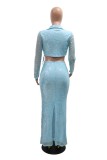 Green Sexy Party Patchwork Sequins Belted V Neck Long Sleeve Two Pieces