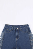 Blue Casual Solid Color Ripped Pocket Patchwork Mid Waist Loose Denim Jeans