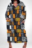 White Orange Casual Print Pocket Patchwork V Neck Long Plus Size Dresses