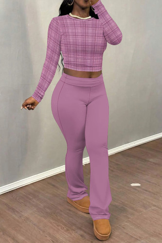 Deep Pink Casual Street Plaid Stripe Gradient O Neck Long Sleeve Two Pieces