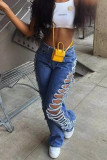 Blue Casual Solid Color Ripped Pocket Patchwork Mid Waist Loose Denim Jeans