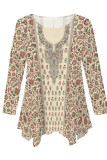 Black khaki Casual Daily Floral Print Irregular Contrast O Neck Tops