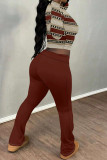 Burgundy Casual Street Plaid Stripe Gradient O Neck Long Sleeve Two Pieces