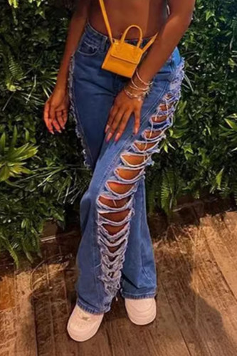 Blue Casual Solid Color Ripped Pocket Patchwork Mid Waist Loose Denim Jeans
