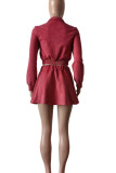 Red Casual Solid Color Patchwork Zipper Zipper Collar Long Sleeve Two Pieces