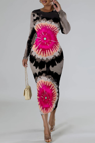 Black Gray Casual Street Floral Print Contrast O Neck Printed Dresses