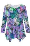 Black khaki Casual Daily Floral Print Irregular Contrast O Neck Tops