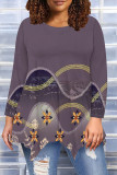 Pink Casual Daily Floral Print Gradient Irregular Contrast O Neck Tops