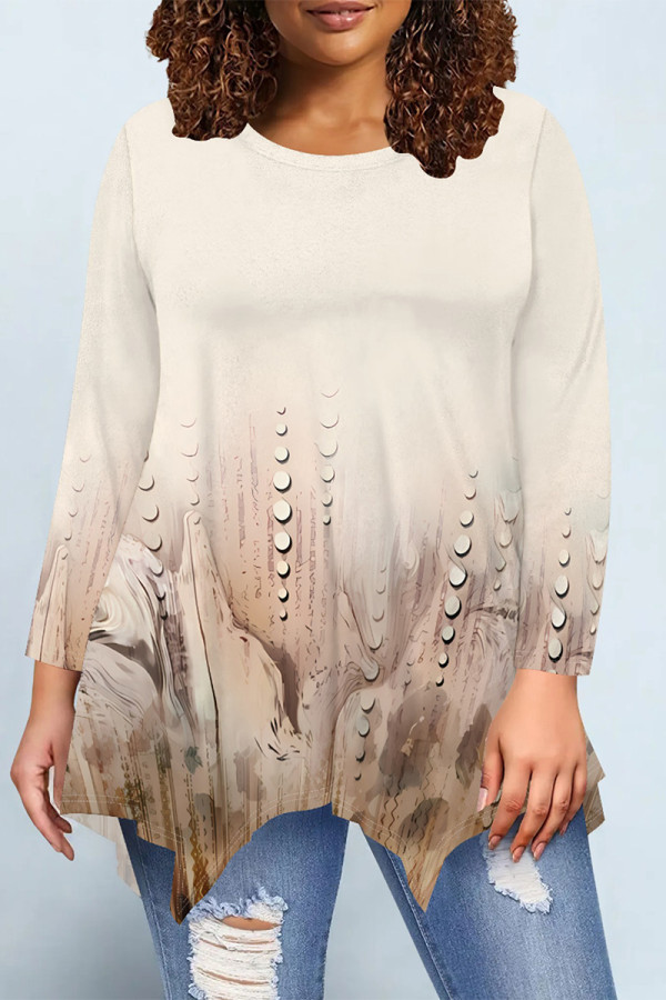 Beige Casual Daily Floral Print Gradient Irregular Contrast O Neck Tops