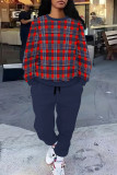 Royal Blue Casual Street Plaid Ombre Print Pocket Lace Up Contrast O Neck Long Sleeve Two Pieces