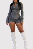 Dark Gray Casual Solid Color Patchwork With Belt Zipper Zipper Collar Long Sleeve Two Pieces