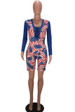 Blue Casual Print Patchwork Belted Deep V Neck Skinny Rompers
