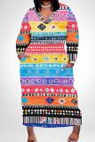 Blue Casual Print Pocket Patchwork V Neck Long Plus Size Dresses