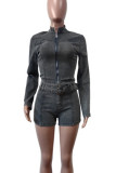 Dark Gray Casual Solid Color Patchwork With Belt Zipper Zipper Collar Long Sleeve Two Pieces