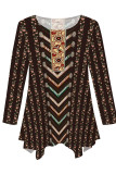 Black khaki Casual Daily Floral Print Irregular Contrast O Neck Tops