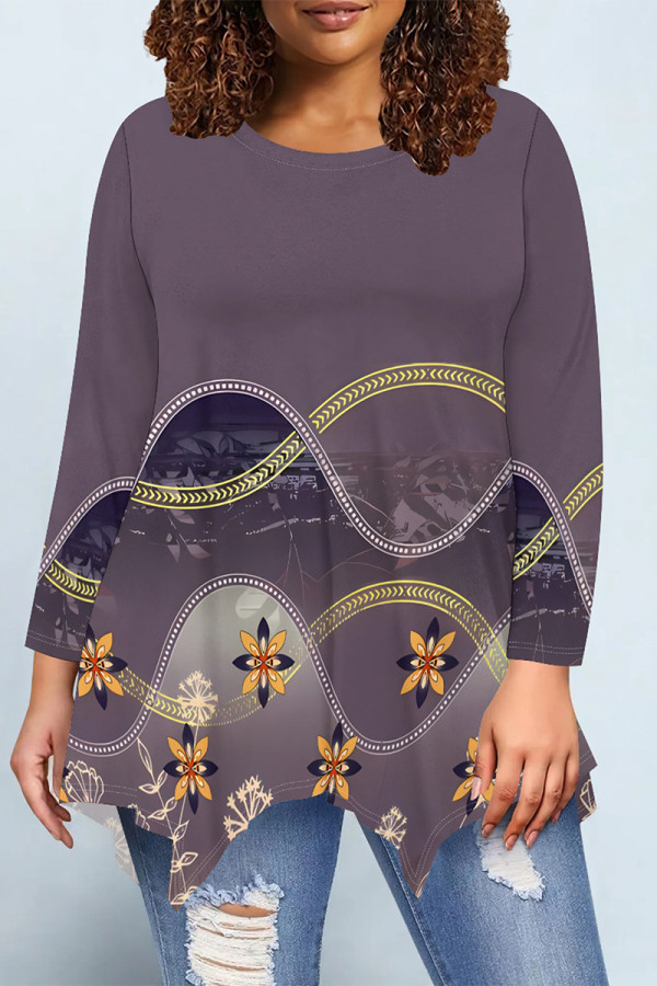Purple Casual Daily Floral Print Gradient Irregular Contrast O Neck Tops