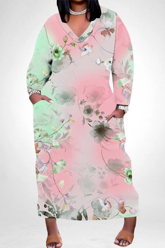 Red Green Casual Daily Floral Print Pocket Contrast V Neck Printed Plus Size Dresses