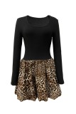 Leopard Print Casual U Neck Long Sleeve Holiday Party Bubble Mini Dress