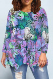 Black khaki Casual Daily Floral Print Irregular Contrast O Neck Tops
