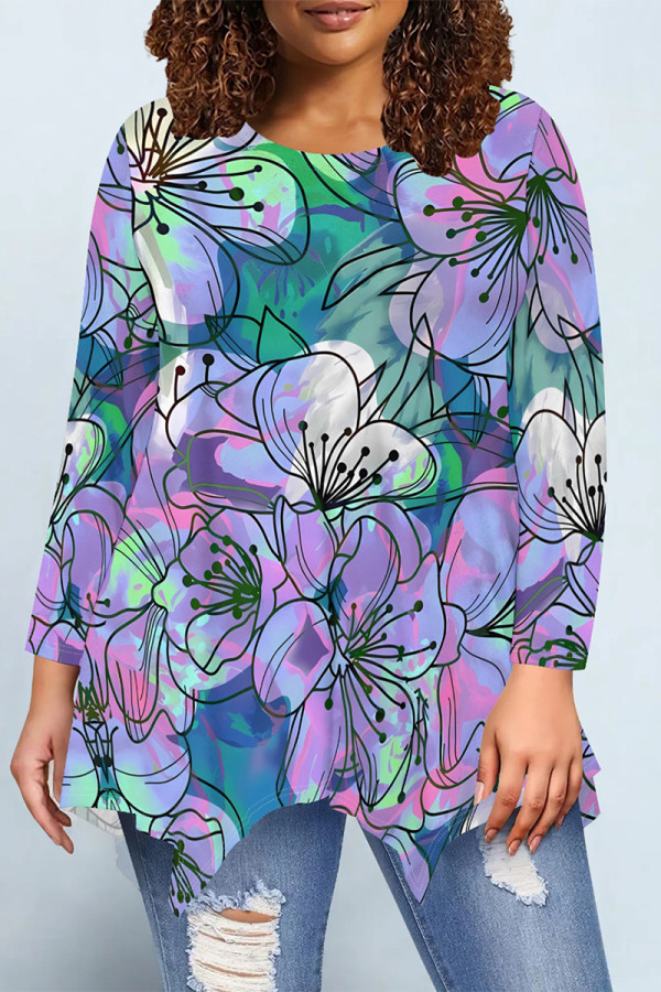 Multi-color Casual Daily Floral Print Irregular Contrast O Neck Tops