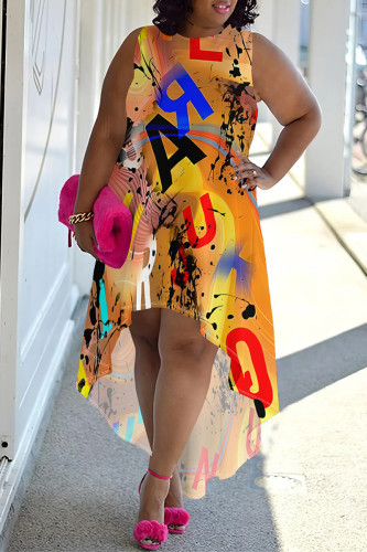 Orange Yellow Casual Street Plaid Leopard Print Snowflakes Letters Irregular O Neck Irregular Plus Size Dresses