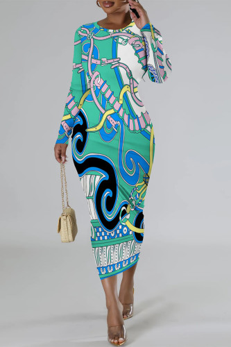 Green Casual Street Floral Print Contrast O Neck Printed Dresses
