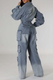 Blue Casual Solid Color Pocket Buckle Patchwork With Belt Turndown Collar Long Sleeve Regular Denim Jumpsuits