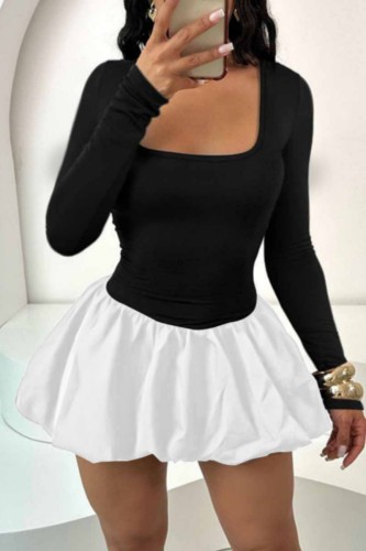 Black White Casual U Neck Long Sleeve Holiday Party Bubble Mini Dress