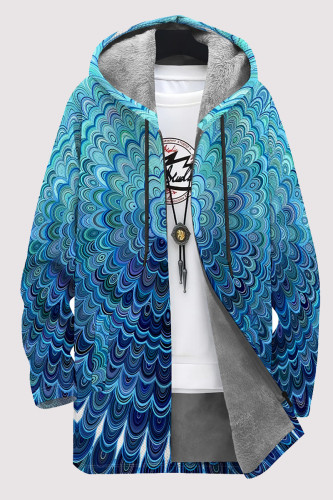 Peacock Blue Casual Striped Print Gradient Pocket Zipper Contrast Fleece-lined Hooded Outerwear