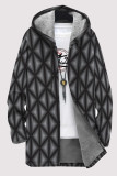 Dark Blue Gray Casual Geometric Print Pocket Zipper Contrast Fleece-lined Hooded Outerwear