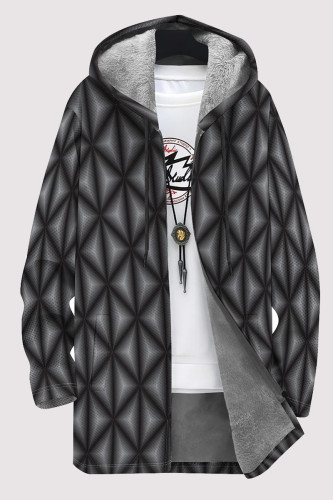 Black Gray Casual Geometric Print Pocket Zipper Contrast Fleece-lined Hooded Outerwear