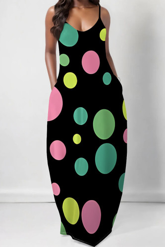 Black Green Sexy Geometric Print Polka Dot Pocket Contrast V Neck Printed Dresses