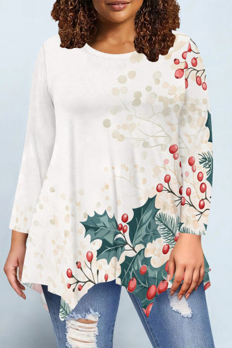 Cream White Casual Daily Floral Print Irregular Contrast O Neck Tops