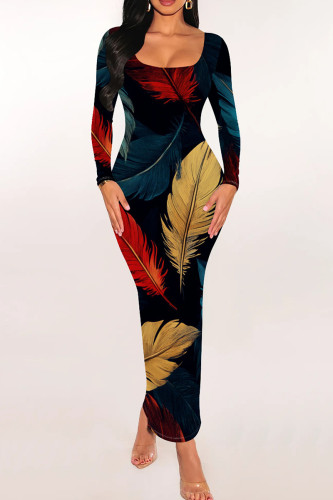 Blue Red Casual Print Patchwork U Neck Long Dresses