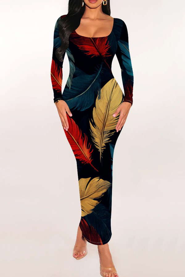 Blue Red Casual Print Patchwork U Neck Long Dresses