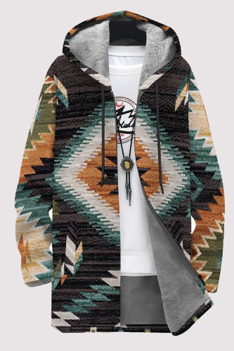 Dark Gray Casual Geometric Print Pocket Zipper Contrast Fleece-lined Hooded Outerwear