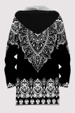 Coffee Casual Geometric Print Pocket Zipper Contrast Fleece-lined Hooded Outerwear