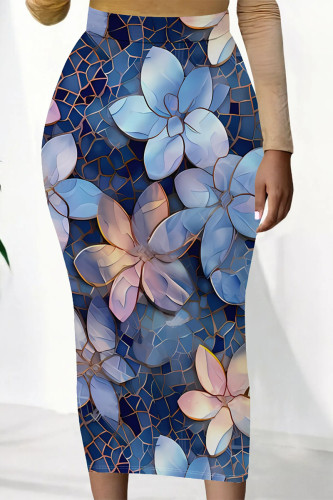 Blue Pink Casual Street Flowers Heart Shaped Faux Denim Print Contrast Regular High Waist Full Print Bottoms