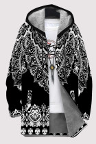 Black Casual Geometric Print Pocket Zipper Contrast Fleece-lined Hooded Outerwear