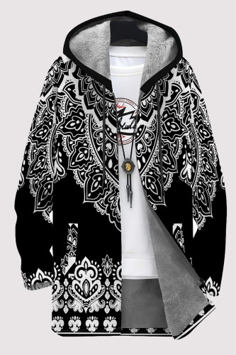 Black Casual Geometric Print Pocket Zipper Contrast Fleece-lined Hooded Outerwear